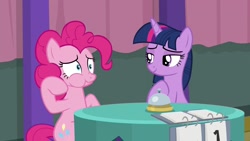 Size: 1920x1080 | Tagged: safe, screencap, character:pinkie pie, character:twilight sparkle, character:twilight sparkle (alicorn), species:alicorn, species:pony, episode:a trivial pursuit, g4, my little pony: friendship is magic, scrunchy face