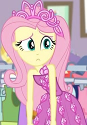 Size: 309x443 | Tagged: safe, screencap, character:fluttershy, episode:costume conundrum, g4, my little pony:equestria girls, clothing, costume conundrum: rarity, cropped, cute, dress, frown, jewelry, princess fluttershy, rarity's bedroom, seriously, sleeveless, solo, tiara