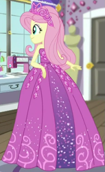 Size: 455x742 | Tagged: safe, screencap, character:fluttershy, episode:costume conundrum, g4, my little pony:equestria girls, clothing, costume conundrum: rarity, cropped, dress, jewelry, princess fluttershy, rarity's bedroom, sleeveless, smiling, solo, tiara