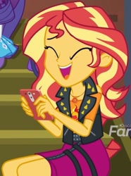 Size: 540x725 | Tagged: safe, screencap, character:sunset shimmer, episode:costume conundrum, g4, my little pony:equestria girls, cropped, cute, geode of empathy, iphone, laughing, magical geodes, offscreen character, shimmerbetes, smiling, solo focus, sunset's apartment
