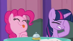 Size: 1920x1080 | Tagged: safe, screencap, character:pinkie pie, character:twilight sparkle, character:twilight sparkle (alicorn), species:alicorn, species:pony, episode:a trivial pursuit, g4, my little pony: friendship is magic, facehoof, tongue out