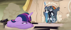 Size: 1359x574 | Tagged: safe, screencap, character:storm king, character:twilight sparkle, character:twilight sparkle (alicorn), species:alicorn, species:pony, my little pony: the movie (2017), antagonist, armor, balcony, broken glass, canterlot castle, cloud, crown, debris, dust, fangs, female, glow, horns, jewelry, lying down, magic, mare, raised eyebrow, regalia, sky, smiling, staff, staff of sacanas, stained glass, storm king's emblem, yeti