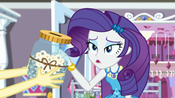 Size: 1914x1080 | Tagged: safe, screencap, character:fluttershy, character:rarity, episode:costume conundrum, g4, my little pony:equestria girls, bed, bracelet, clothes rack, costume conundrum: rarity, darling jar, eyeshadow, female, geode of shielding, jewelry, magical geodes, makeup, offscreen character, rarity's bedroom, swear jar