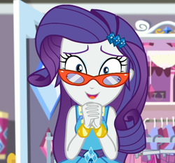 Size: 1154x1076 | Tagged: safe, screencap, character:rarity, episode:costume conundrum, g4, my little pony:equestria girls, bracelet, clothes rack, costume conundrum: rarity, cropped, cute, female, glasses, happy, jewelry, looking at you, raribetes, rarity's bedroom, rarity's glasses, smiling