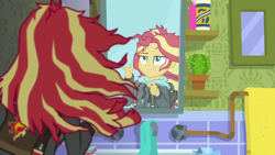 Size: 1280x720 | Tagged: safe, screencap, character:sunset shimmer, episode:monday blues, eqg summertime shorts, g4, my little pony:equestria girls, backpack, clothing, female, messy hair, mirror, sunset's apartment