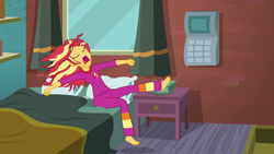 Size: 1280x720 | Tagged: safe, screencap, character:sunset shimmer, episode:monday blues, eqg summertime shorts, g4, my little pony:equestria girls, barefoot, bed, bed hair, clothing, cute, eyes closed, feet, female, majestic as fuck, pajamas, pandiculation, pillow, shimmerbetes, sunset's apartment, yawn