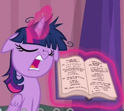 Size: 960x865 | Tagged: safe, screencap, character:twilight sparkle, character:twilight sparkle (alicorn), species:alicorn, species:pony, episode:a trivial pursuit, g4, my little pony: friendship is magic, book, cropped, eyes closed, faec, female, floppy ears, levitation, magic, mare, messy mane, open mouth, rules lawyer, rules prosecutor, talking, telekinesis, twilight snapple, twilight sparkle is best facemaker, twilighting, written equestrian