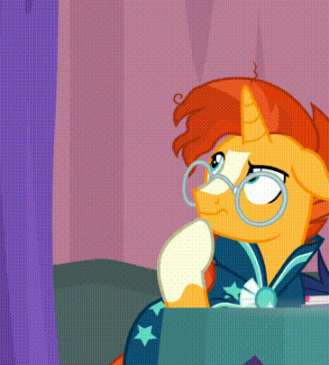 Size: 365x405 | Tagged: safe, screencap, character:sunburst, character:twilight sparkle, character:twilight sparkle (alicorn), species:alicorn, species:pony, species:unicorn, episode:a trivial pursuit, g4, my little pony: friendship is magic, animated, bell, cropped, cute, facial hair, female, floppy ears, gif, glasses, goatee, juxtaposition bait, levitation, magic, male, mare, messy mane, solo focus, stallion, sunbetes, telekinesis, wide eyes
