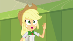 Size: 1280x720 | Tagged: safe, screencap, character:applejack, episode:monday blues, eqg summertime shorts, g4, my little pony:equestria girls, applejack's hat, canterlot high, clothing, cowboy hat, female, freckles, geode of super strength, hat, lockers, magical geodes