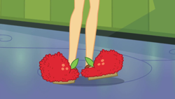 Size: 1280x720 | Tagged: safe, screencap, character:applejack, episode:monday blues, eqg summertime shorts, g4, my little pony:equestria girls, clothing, feet, legs, pictures of legs, slippers