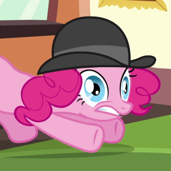 Size: 640x640 | Tagged: safe, screencap, character:pinkie pie, species:earth pony, species:pony, episode:mmmystery on the friendship express, g4, my little pony: friendship is magic, bowler hat, clothing, cropped, female, hat, mare, out of context, solo