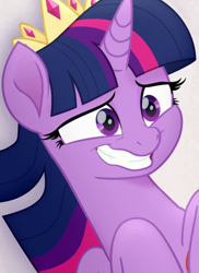 Size: 586x804 | Tagged: safe, screencap, character:twilight sparkle, character:twilight sparkle (alicorn), species:alicorn, species:pony, my little pony: the movie (2017), adorkable, cropped, crown, cute, dork, female, grin, jewelry, mare, nervous, nervous grin, out of context, regalia, smiling, twiabetes, twilight sparkle is best facemaker