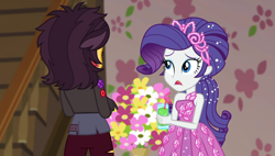 Size: 1908x1080 | Tagged: safe, screencap, character:rarity, character:sunset shimmer, episode:costume conundrum, g4, my little pony:equestria girls, bare shoulders, beverage, bulk biceps' home, clothing, costume conundrum: applejack, dress, drink, drinking straw, duo, duo female, female, gown, jewelry, sleeveless, stairs, tiara, vampire shimmer, wig