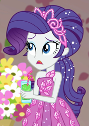 Size: 709x1000 | Tagged: safe, screencap, character:rarity, episode:costume conundrum, g4, my little pony:equestria girls, bare shoulders, beautiful, beverage, bulk biceps' home, clothing, costume conundrum: applejack, cropped, dress, drink, drinking straw, female, gown, jewelry, sleeveless, solo, tiara