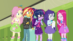Size: 1280x720 | Tagged: safe, screencap, character:fluttershy, character:pinkamena diane pie, character:pinkie pie, character:rarity, character:sunset shimmer, character:twilight sparkle, character:twilight sparkle (scitwi), species:eqg human, episode:monday blues, eqg summertime shorts, g4, my little pony:equestria girls, boots, canterlot high, clothing, geode of fauna, geode of sugar bombs, geode of telekinesis, glasses, lockers, magical geodes, ponytail, shocked, shoes, skirt, socks, wet hair