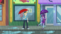 Size: 1280x720 | Tagged: safe, screencap, character:twilight sparkle, character:twilight sparkle (scitwi), species:eqg human, episode:monday blues, eqg summertime shorts, g4, my little pony:equestria girls, backwards ballcap, baseball cap, cap, clothing, female, geode of telekinesis, glasses, gold rush (character), hat, magical geodes, male, mary janes, shoes, smiling, socks, umbrella, wet hair