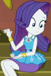 Size: 682x1020 | Tagged: safe, screencap, character:rarity, episode:costume conundrum, g4, my little pony:equestria girls, clothing, cropped, cute, female, geode of shielding, gold, guitar, jewelry, looking down, magical geodes, musical instrument, raribetes, sitting, stairs, sunset's apartment, wrist cuffs