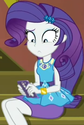 Size: 696x1037 | Tagged: safe, screencap, character:rarity, episode:costume conundrum, g4, my little pony:equestria girls, cellphone, cropped, cute, female, geode of shielding, gold, guitar, iphone, jewelry, legs, magical geodes, musical instrument, phone, raribetes, sitting, sleeveless, smartphone, stairs, sunset's apartment, wrist cuffs