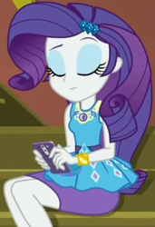 Size: 692x1011 | Tagged: safe, screencap, character:rarity, episode:costume conundrum, g4, my little pony:equestria girls, cellphone, cropped, eyes closed, geode of shielding, guitar, iphone, magical geodes, musical instrument, phone, raised eyebrow, sitting, smartphone, solo, stairs, sunset's apartment