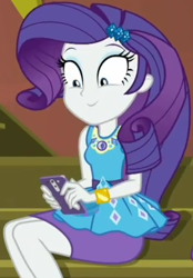 Size: 712x1024 | Tagged: safe, screencap, character:rarity, episode:costume conundrum, g4, my little pony:equestria girls, cellphone, clothing, cropped, female, geode of shielding, guitar, iphone, magical geodes, musical instrument, pencil skirt, phone, raised eyebrows, skirt, smartphone, smiling, solo, stairs, sunset's apartment, text, wide eyes