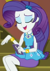 Size: 718x1007 | Tagged: safe, screencap, character:rarity, episode:costume conundrum, g4, my little pony:equestria girls, cellphone, clothing, cropped, don't be jealous, eyes closed, geode of shielding, guitar, iphone, magical geodes, musical instrument, pencil skirt, phone, sitting, skirt, smartphone, smiling, solo, stairs, sunset's apartment, text