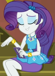 Size: 724x1009 | Tagged: safe, screencap, character:rarity, episode:costume conundrum, g4, my little pony:equestria girls, cellphone, clothing, cropped, don't be jealous, eyes closed, female, geode of shielding, guitar, iphone, magical geodes, musical instrument, pencil skirt, phone, sitting, skirt, smartphone, solo, stairs, sunset's apartment, text