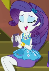 Size: 737x1056 | Tagged: safe, screencap, character:rarity, episode:costume conundrum, g4, my little pony:equestria girls, cellphone, clothing, cropped, eyes closed, female, geode of shielding, guitar, iphone, leaning back, magical geodes, musical instrument, pencil skirt, phone, sitting, skirt, smartphone, smiling, solo, stairs, sunset's apartment, text