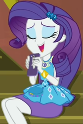 Size: 697x1040 | Tagged: safe, screencap, character:rarity, episode:costume conundrum, g4, my little pony:equestria girls, cellphone, clothing, cropped, eyes closed, female, geode of shielding, guitar, iphone, leaning forward, magical geodes, musical instrument, pencil skirt, phone, sitting, skirt, smartphone, smiling, solo, stairs, sunset's apartment, text