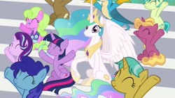 Size: 1920x1080 | Tagged: safe, screencap, character:citrine spark, character:cloudburst, character:daisy, character:fire quacker, character:gallus, character:princess celestia, character:sandbar, character:starlight glimmer, character:twilight sparkle, character:twilight sparkle (alicorn), species:alicorn, species:earth pony, species:griffon, species:pony, species:unicorn, episode:2-4-6 greaaat, clever musings, cute, cutelestia, eyes closed, female, fire flicker, friendship student, glimmerbetes, male, mare, sandabetes, sitting, teenager, twiabetes