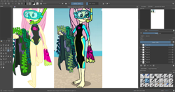 Size: 1920x1017 | Tagged: safe, artist:n3ro 182, screencap, character:fluttershy, my little pony:equestria girls, barefoot, clothing, diving suit, feet, krita, legs, lineart, seaweed, snorkel, solo, swimsuit, towel, wet hair, wetsuit