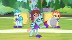 Size: 1920x1080 | Tagged: safe, screencap, character:lighthoof, character:ocellus, character:shimmy shake, character:yona, species:changedling, species:changeling, species:pony, species:reformed changeling, species:yak, episode:2-4-6 greaaat, cheerleader ocellus, cheerleader outfit, cheerleader yona, clothing, hay bale, megaphone