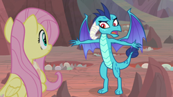 Size: 1920x1080 | Tagged: safe, screencap, character:fluttershy, character:princess ember, species:dragon, species:pegasus, species:pony, episode:sweet and smoky, g4, my little pony: friendship is magic, dragon egg, dragoness, duo, egg, female, mare, outstretched arms, spread arms, t pose