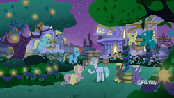Size: 1920x1080 | Tagged: safe, screencap, character:compass star, character:feather flatterfly, character:fluttershy, character:parasol, character:rainbow dash, character:sassaflash, character:silver script, species:pegasus, species:pony, episode:the summer sun setback, g4, my little pony: friendship is magic, barrel, buddy, canterlot, female, flying, lifting, male, mare, night, stallion, stormfeather, tree
