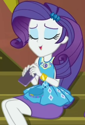 Size: 712x1044 | Tagged: safe, screencap, character:rarity, episode:costume conundrum, g4, my little pony:equestria girls, cellphone, clothing, cropped, eyes closed, female, geode of shielding, guitar, iphone, magical geodes, musical instrument, pencil skirt, phone, sitting, skirt, smartphone, smiling, solo, stairs, sunset's apartment