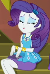 Size: 730x1066 | Tagged: safe, screencap, character:rarity, episode:costume conundrum, g4, my little pony:equestria girls, cellphone, clothing, cropped, geode of shielding, guitar, iphone, lidded eyes, magical geodes, musical instrument, pencil skirt, phone, sitting, skirt, smartphone, stairs, sunset's apartment