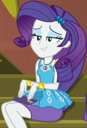 Size: 730x1065 | Tagged: safe, screencap, character:rarity, episode:costume conundrum, g4, my little pony:equestria girls, cellphone, clothing, cropped, female, geode of shielding, guitar, iphone, legs, lidded eyes, lip bite, magical geodes, musical instrument, pencil skirt, phone, sitting, skirt, smartphone, solo, stairs, sunset's apartment