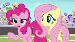 Size: 1920x1080 | Tagged: safe, screencap, character:berry sweet, character:caramel, character:cloudburst, character:daisy, character:fluttershy, character:goldy wings, character:huckleberry, character:lily, character:lily valley, character:pinkie pie, character:rainbowshine, character:starlight glimmer, character:strawberry scoop, character:sugar maple, character:violet twirl, species:earth pony, species:pegasus, species:pony, species:unicorn, episode:2-4-6 greaaat, background pony, background pony audience, blue october, blueberry muffin, female, friendship student, male, mare, offscreen character, race swap, stallion, wingless