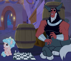 Size: 822x704 | Tagged: safe, screencap, character:cozy glow, character:lord tirek, species:centaur, species:pegasus, species:pony, episode:the summer sun setback, g4, my little pony: friendship is magic, barrel, chess, chess piece, chessboard, cloven hooves, cropped, duo, female, filly, male, nose piercing, nose ring, piercing