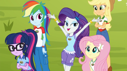 Size: 1920x1080 | Tagged: safe, screencap, character:applejack, character:fluttershy, character:rainbow dash, character:rarity, character:twilight sparkle, character:twilight sparkle (scitwi), species:eqg human, equestria girls:legend of everfree, g4, my little pony:equestria girls, applejack's hat, arms in the air, bracelet, camp everfree logo, camp everfree outfits, clothing, cowboy hat, cutie mark on clothes, female, glasses, hat, hips, jewelry, lidded eyes, looking at you, ponytail, quintet, sexy, shorts, smiling