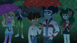 Size: 1366x768 | Tagged: safe, screencap, character:curly winds, character:wallflower blush, character:wiz kid, episode:let it rain, g4, my little pony:equestria girls, background human, care root, curly winds, duke suave, rain, some blue guy, umbrella, wiz kid