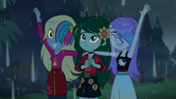 Size: 1366x768 | Tagged: safe, screencap, character:derpy hooves, character:wallflower blush, episode:let it rain, g4, my little pony:equestria girls, clothing, cute, female, flowerbetes, midriff, music festival outfit, rain, sleeveless, snow flower, tank top, trio, trio female, wet hair
