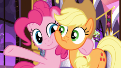 Size: 1920x1080 | Tagged: safe, screencap, character:applejack, character:pinkie pie, species:pony, episode:the summer sun setback, g4, my little pony: friendship is magic, canterlot castle, squishy cheeks