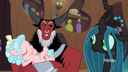 Size: 1920x1080 | Tagged: safe, screencap, character:cozy glow, character:lord tirek, character:queen chrysalis, species:centaur, species:changeling, species:pegasus, species:pony, episode:the summer sun setback, g4, my little pony: friendship is magic, annoyed, beard, bow, crossed legs, crown, cutie mark, evil lair, eyes closed, facial hair, female, filly, foal, former queen chrysalis, grogar's lair, hair bow, jewelry, lair, nonchalant, nose piercing, nose ring, piercing, regalia, slit eyes, tirek is not amused, trio