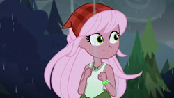 Size: 1920x1080 | Tagged: safe, screencap, episode:let it rain, g4, my little pony:equestria girls, background human, bandana, clothing, cloud, female, jewelry, necklace, outdoors, pink hair, rain, raspberry lilac, sleeveless, solo, tank top, tree
