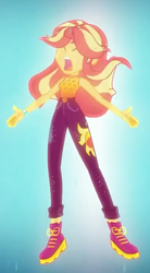 Size: 374x680 | Tagged: safe, screencap, character:sunset shimmer, episode:let it rain, g4, my little pony:equestria girls, beautiful, boots, clothing, cropped, flowing hair, geode of empathy, magical geodes, pants, shoes, solo