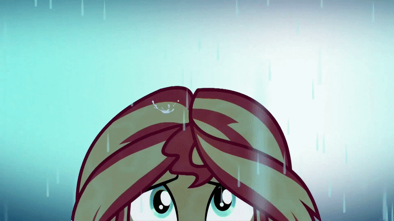 Size: 800x450 | Tagged: safe, screencap, character:sunset shimmer, episode:let it rain, g4, my little pony:equestria girls, animated, clothing, colors, dripping, eyes closed, gif, glow, hands together, liquid rainbow, rain, singing, smiling, solo, splash, wet hair
