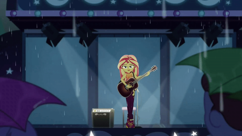 Size: 800x450 | Tagged: safe, screencap, character:sunset shimmer, episode:let it rain, g4, my little pony:equestria girls, acoustic guitar, animated, chair, duke suave, gif, guitar, guitar strap, looking at someone, looking at you, microphone, microphone stand, musical instrument, rain, singing, smiling, speaker, stage, stagelights, strut, umbrella, walking