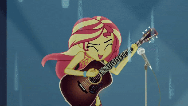Size: 800x450 | Tagged: safe, screencap, character:curly winds, character:frosty orange, character:sunset shimmer, character:wiz kid, episode:let it rain, g4, my little pony:equestria girls, animated, background human, catasterism, chair, cheering, crowd, curly winds, flash of light, glow, guitar, guitar strap, microphone, microphone stand, musical instrument, rain, raspberry lilac, singing, some blue guy, speaker, stage, stagelights, standing, sunshine shimmer, wiz kid
