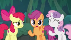 Size: 720x405 | Tagged: safe, screencap, character:apple bloom, character:scootaloo, character:sweetie belle, species:pegasus, species:pony, episode:the big mac question, g4, my little pony: friendship is magic, cutie mark crusaders