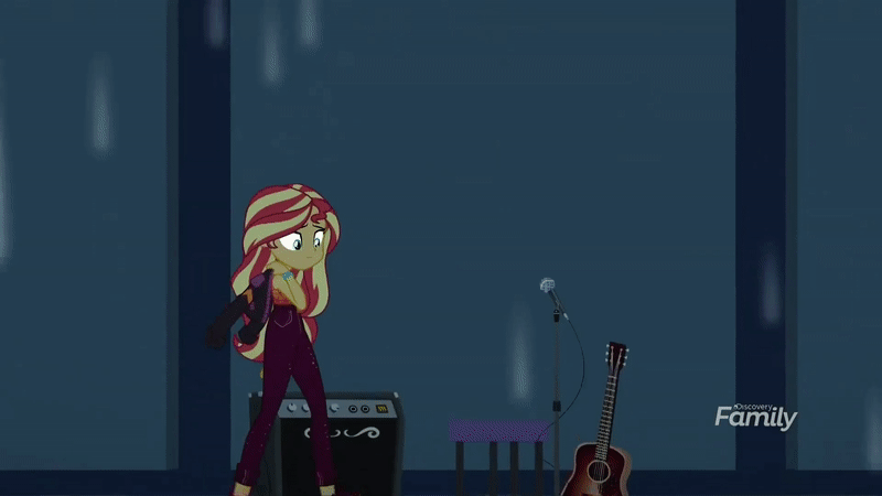 Size: 800x450 | Tagged: safe, screencap, character:sunset shimmer, episode:let it rain, g4, my little pony:equestria girls, animated, clothing, gif, guitar, guitar strap, jacket, microphone, microphone stand, musical instrument, pick up, sitting, solo, speaker, stage, stagelights